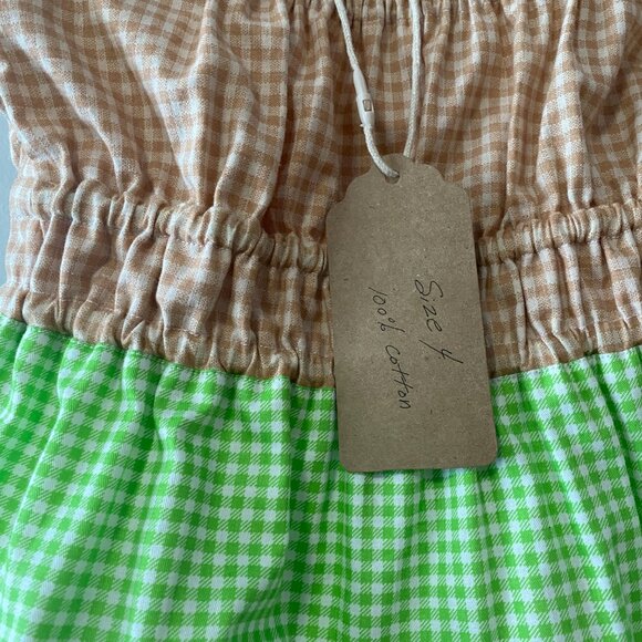 Handmade Children's 100% Cotton Tan White Green Gingham Multi Pattern Dress - Picture 4 of 12